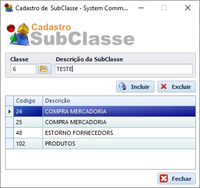 Cadastro SubClasse