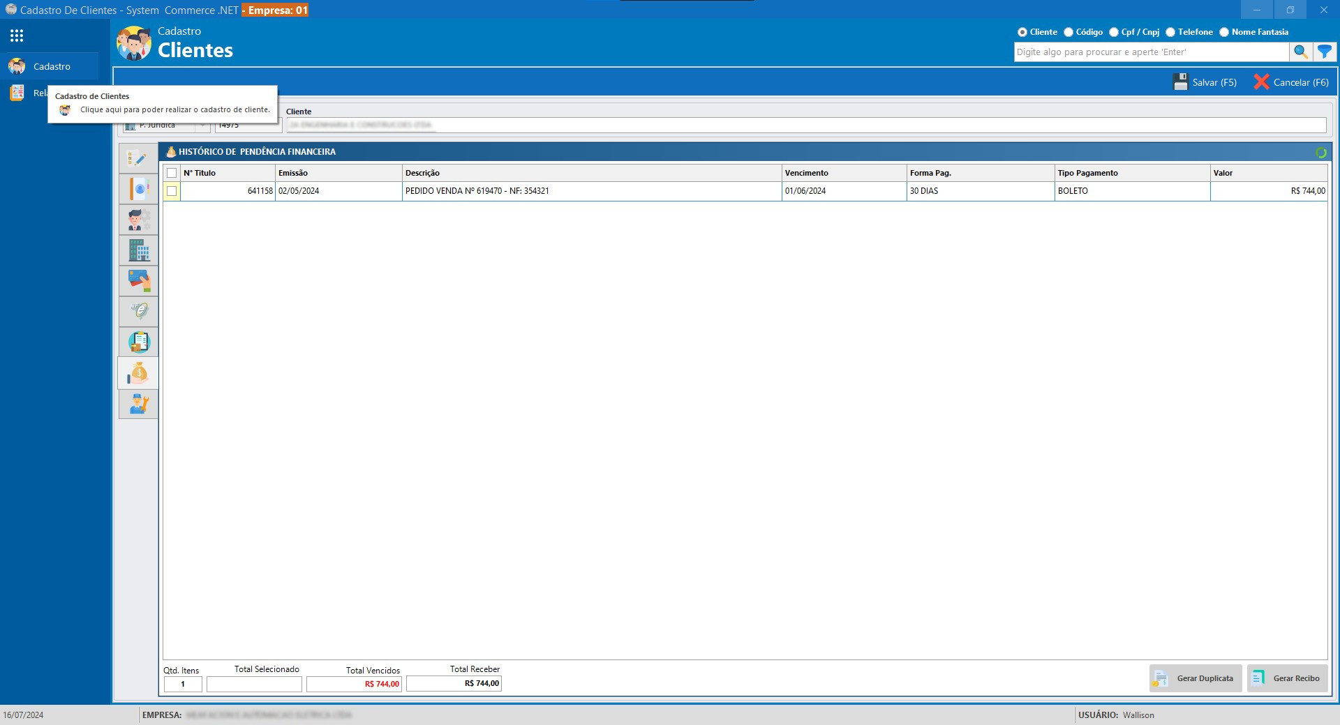 Tela de Histórico Financeiro