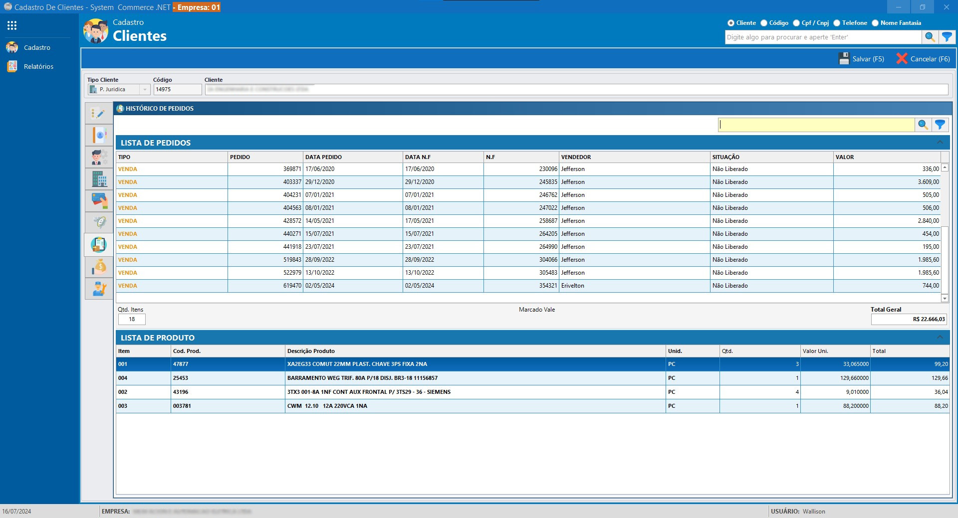 Tela de Histórico Pedidos