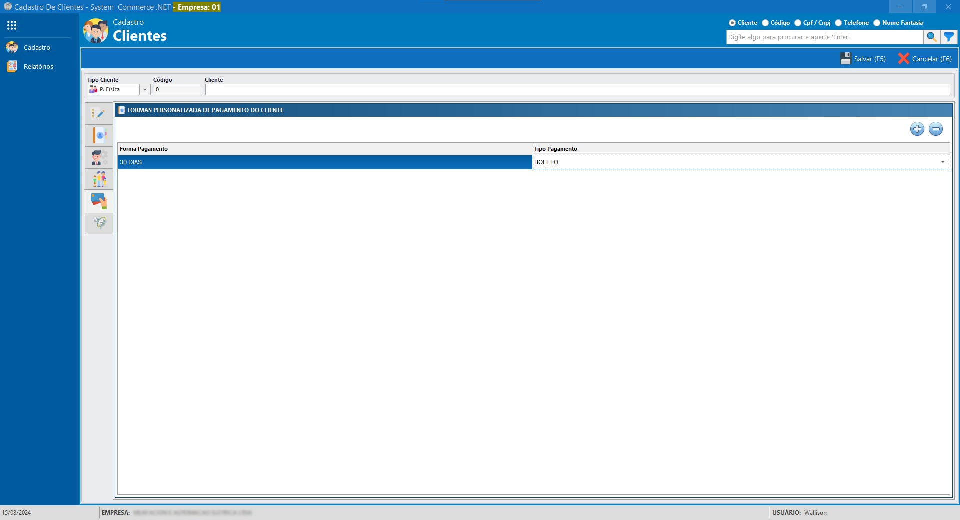 Tela Cadastro Cliente Lista de Pagamento