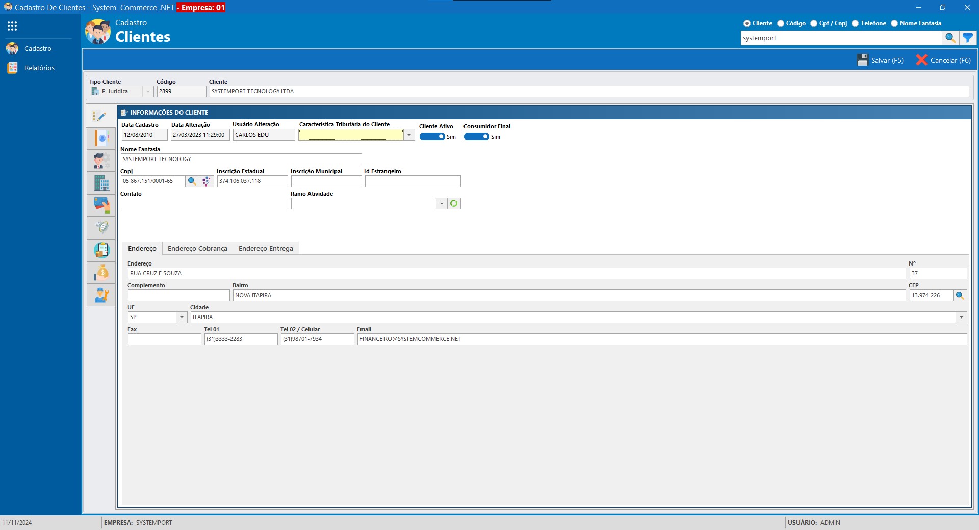 Tela de Detalhes do Cadastro