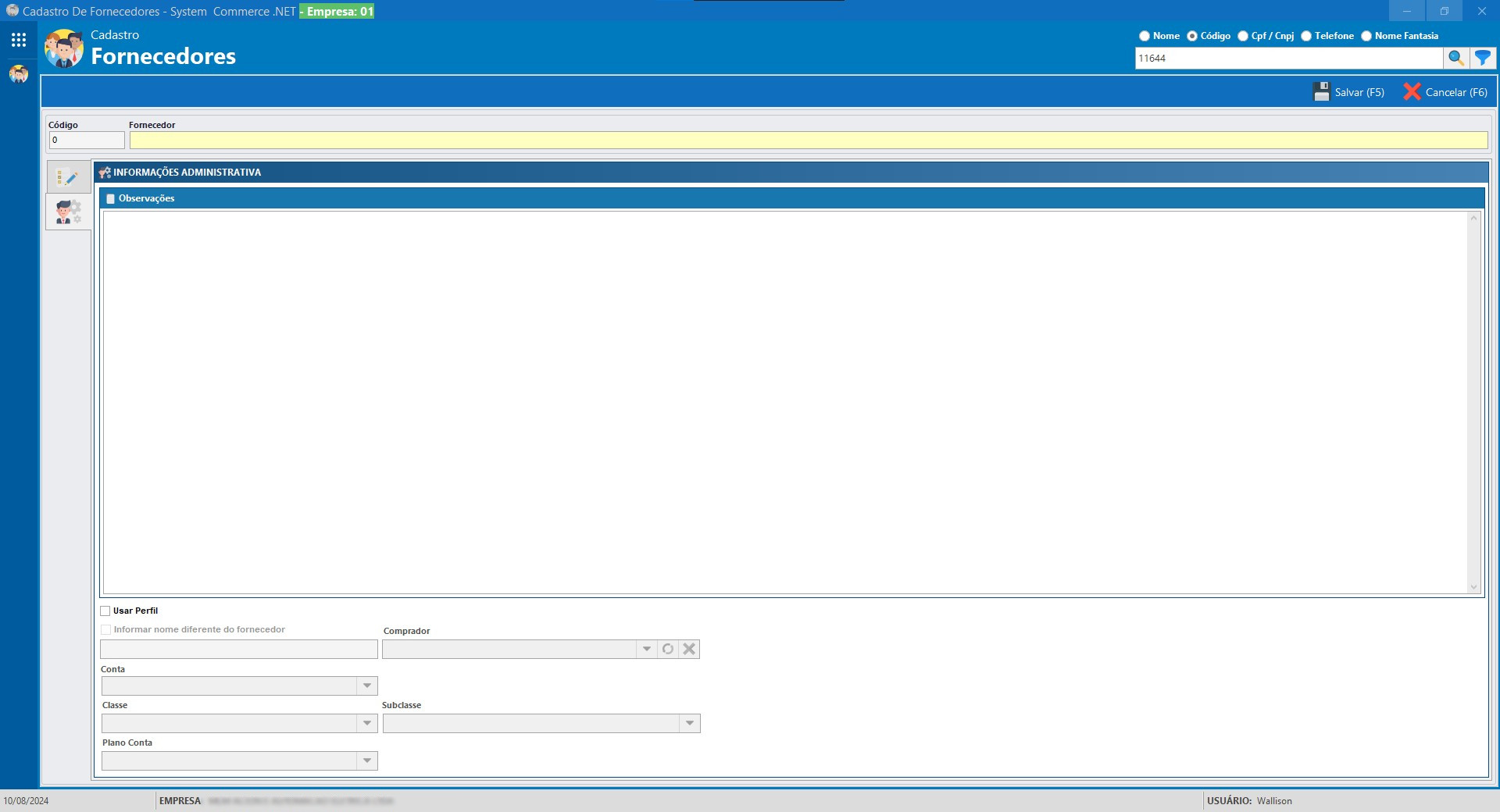 Cadastro Fornecedor Informações Administrativas