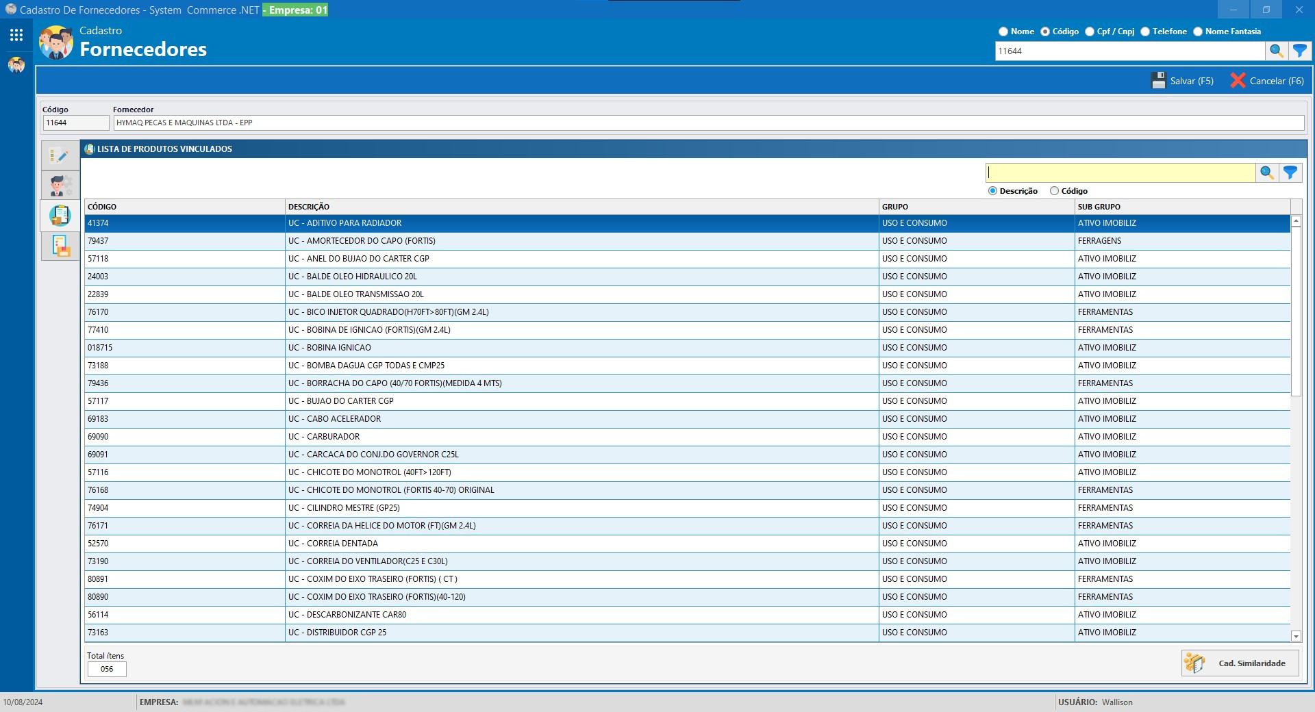 Cadastro Fornecedor Produtos Vinculados