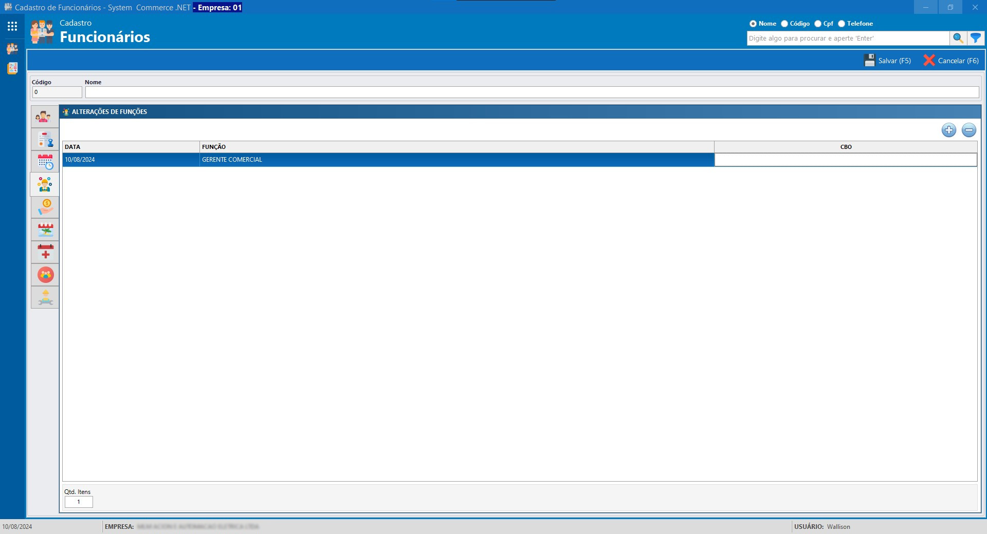 Cadastro Funcionario Alteração de Função