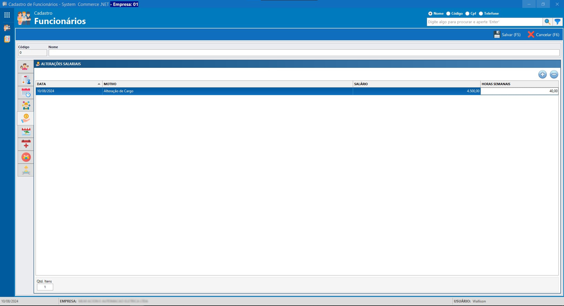 Cadastro Funcionario Alteração Salarial