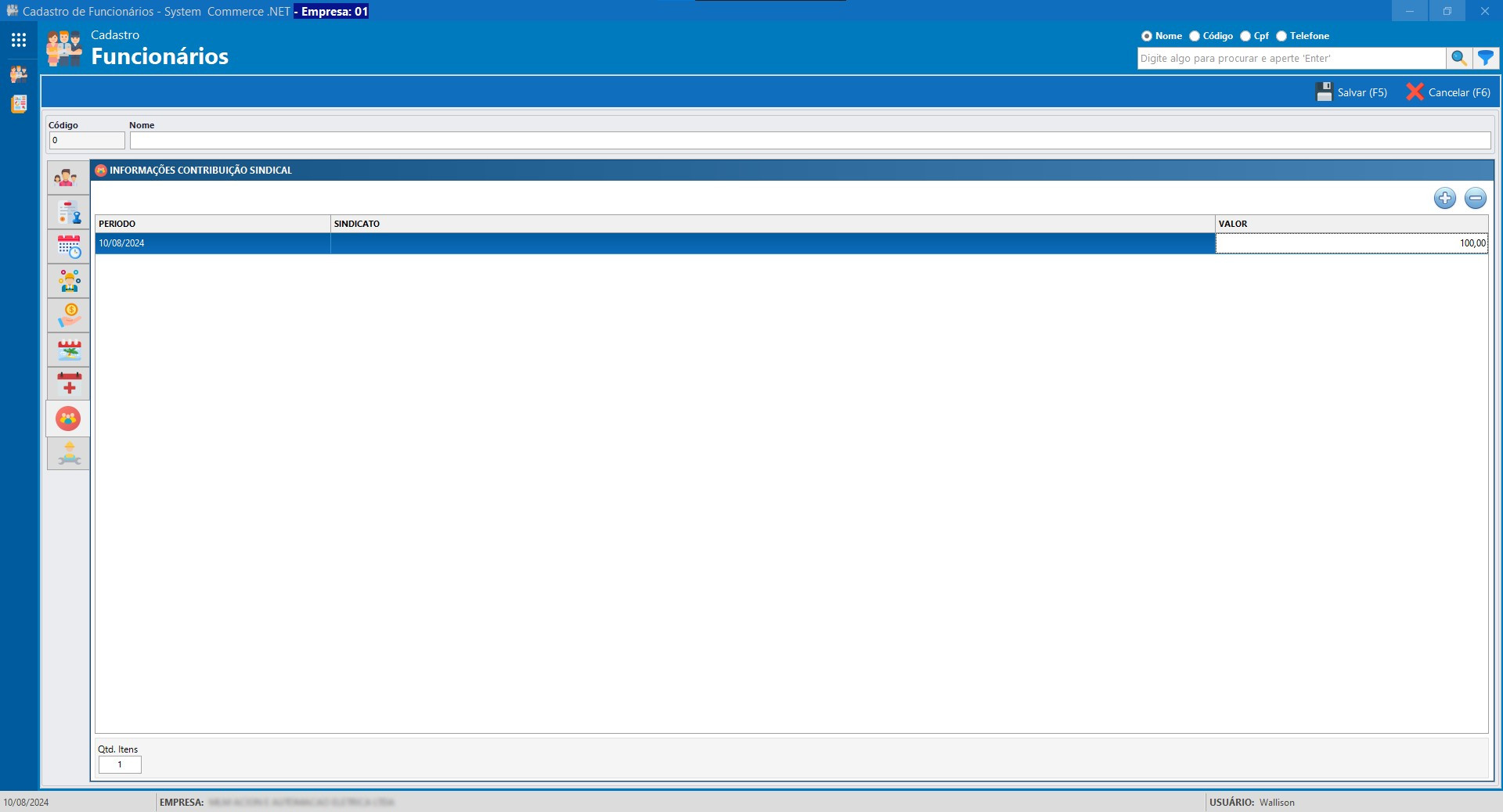 Cadastro Funcionario Contribuição Sindical