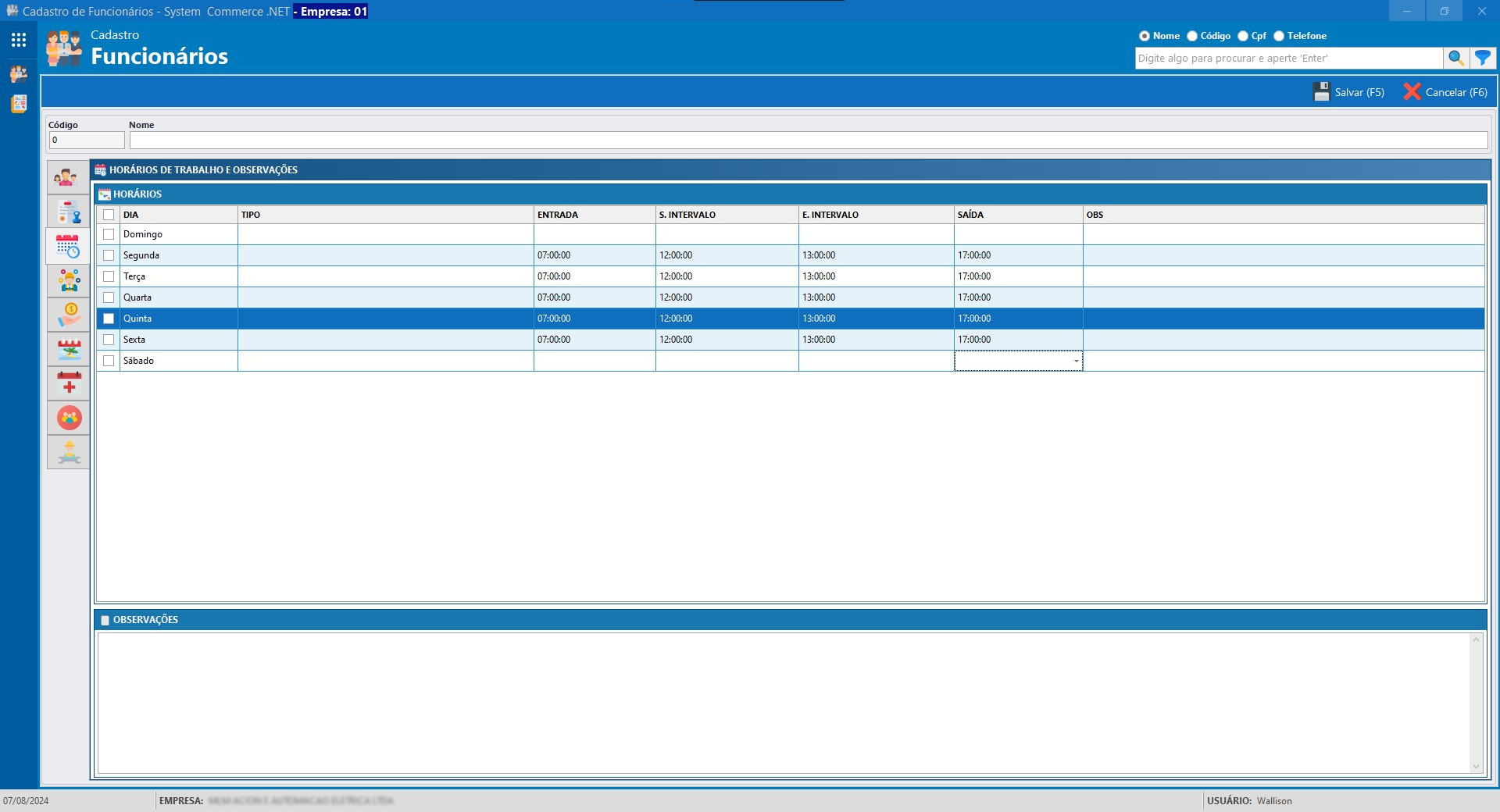 Cadastro de funcionário horário