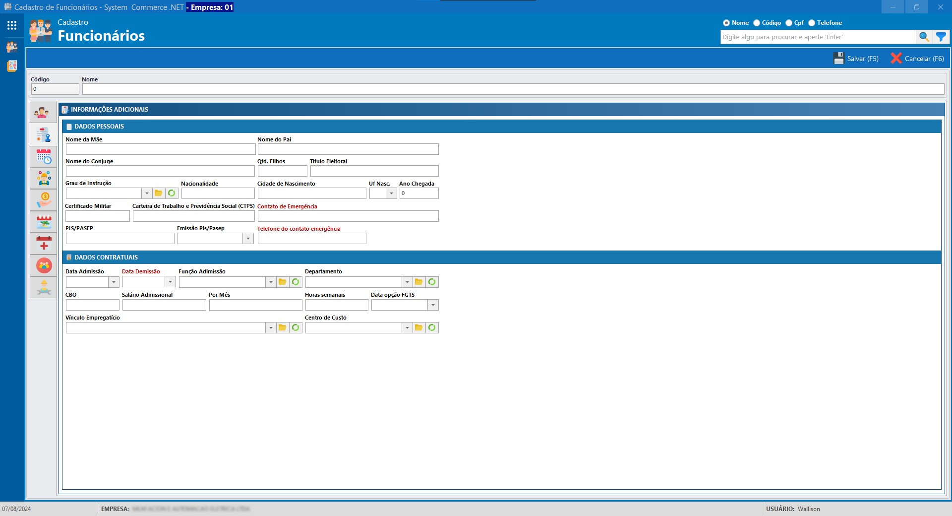 Cadastro de funcionário informações adicionais