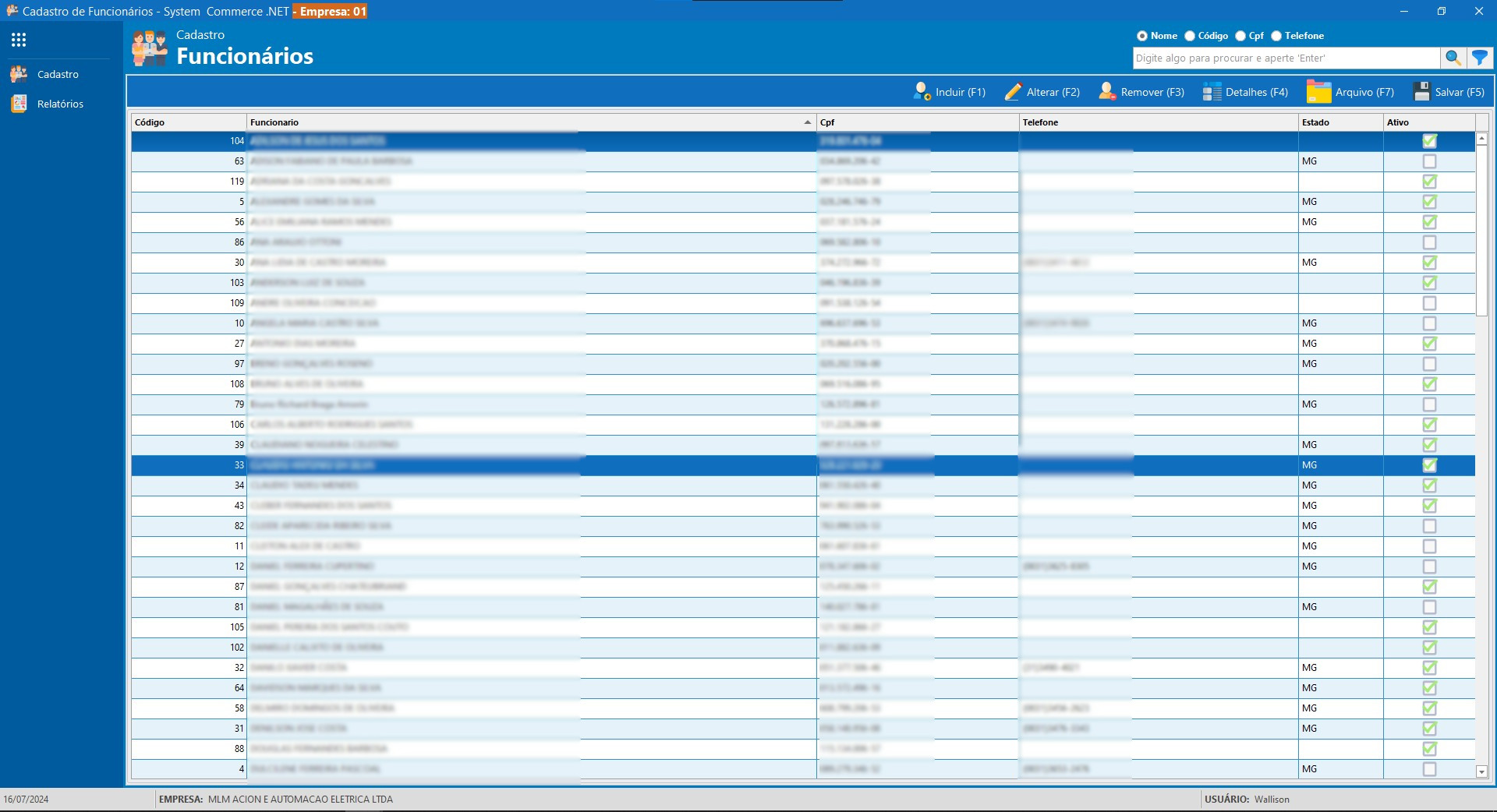 Tela de Cadastro Funcionario Listagem