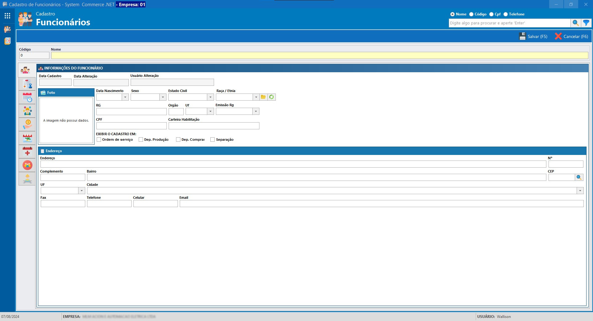 Cadastro de novo funcionário