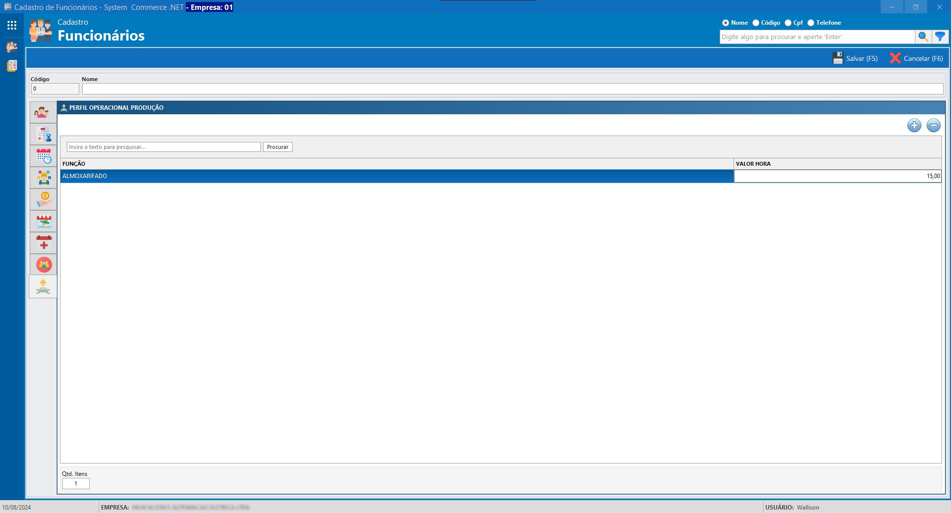 Cadastro Funcionario Perfil de Produção