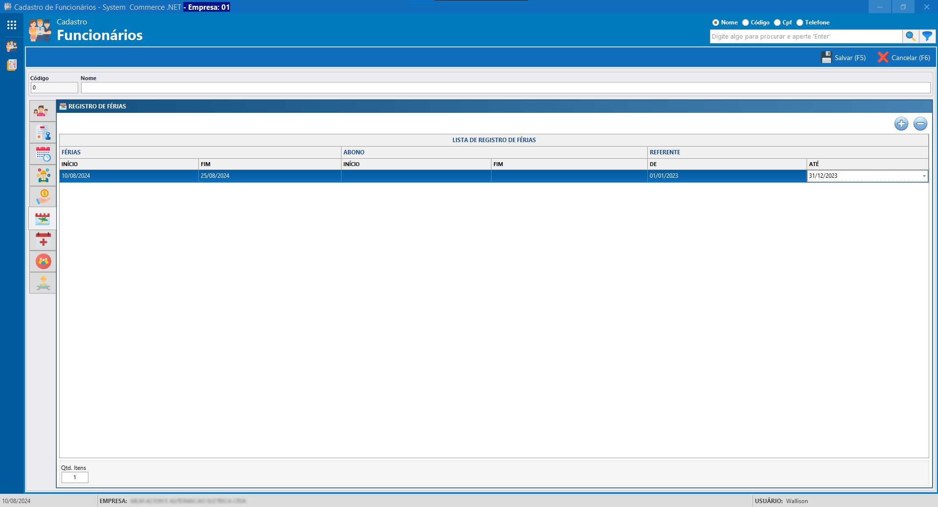 Cadastro Funcionario Registro de Férias