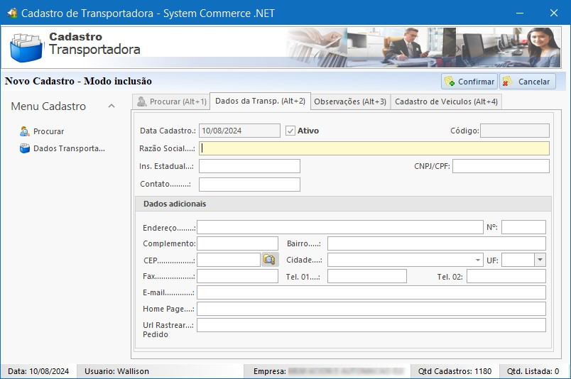 Cadastro Nova Transportadora