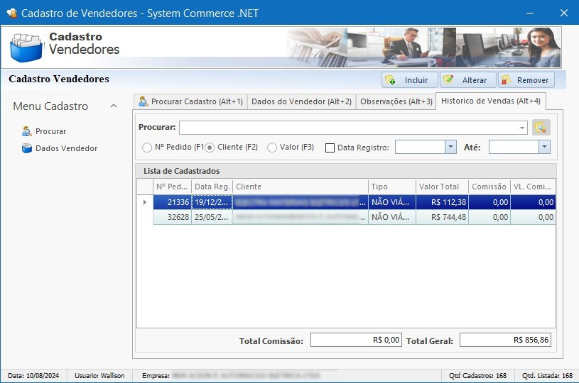 Cadastro Vendedor Histórico de Vendas