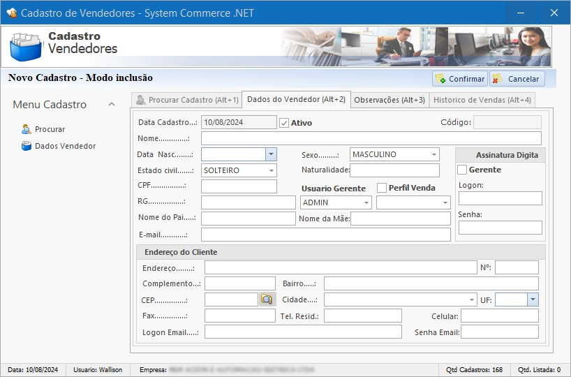 Cadastro Novo Vendedor