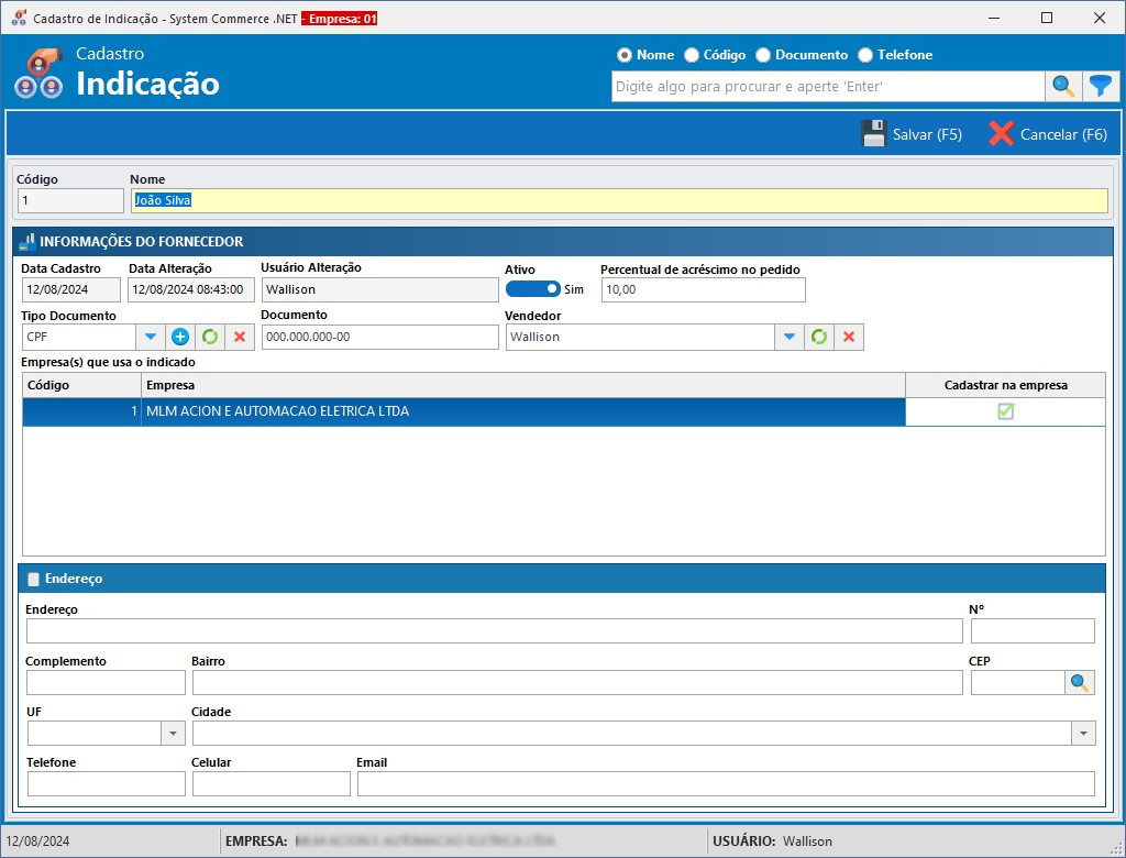 Cadastro Indicação Existente