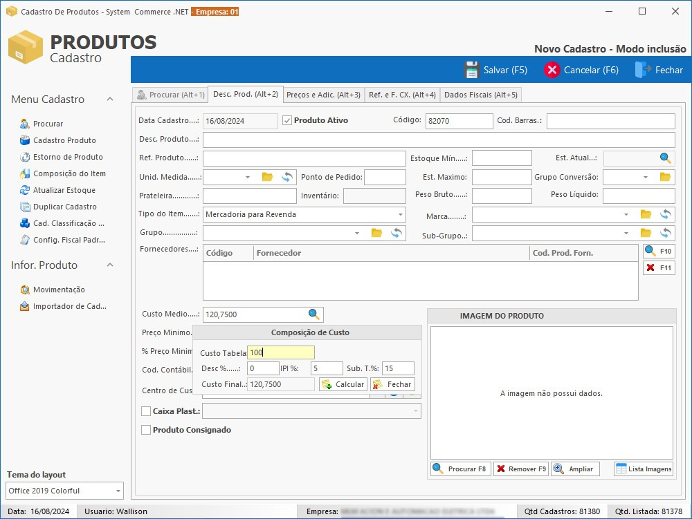 Cadastro de Produtos Custo