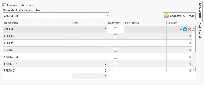 Cadastro de Produtos Grade