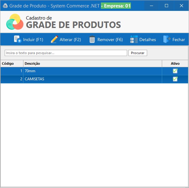 Cadastro de Produtos Lista Grade