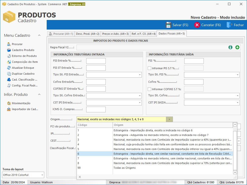 Cadastro de Dados Fiscais Origem