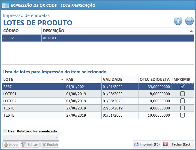 Impressão QR Code de Lote