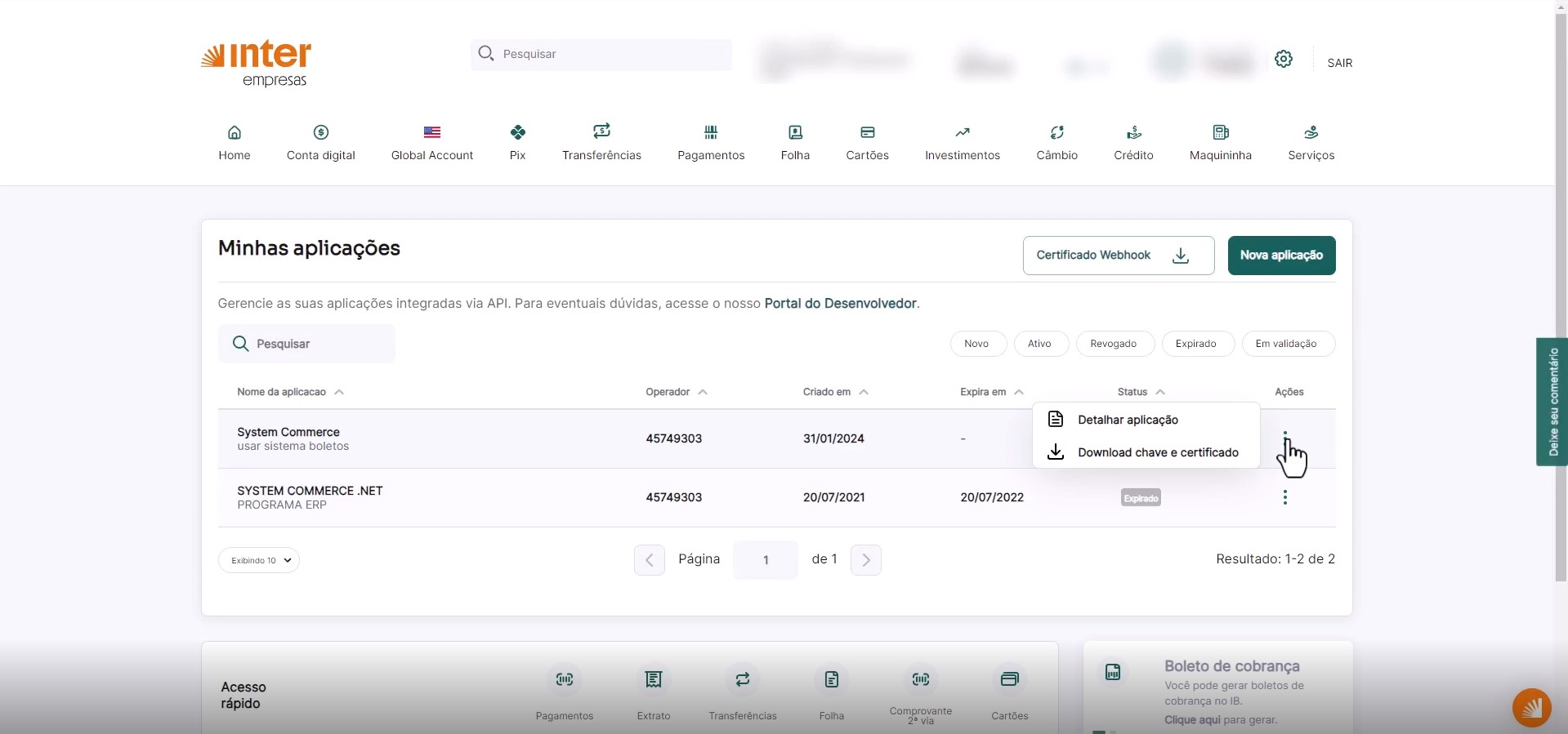 Detalhes da Aplicação Banco Inter