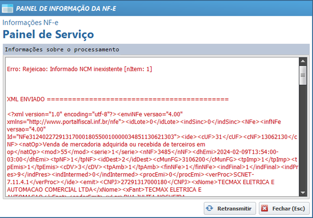 Erro de NCM Inexistente