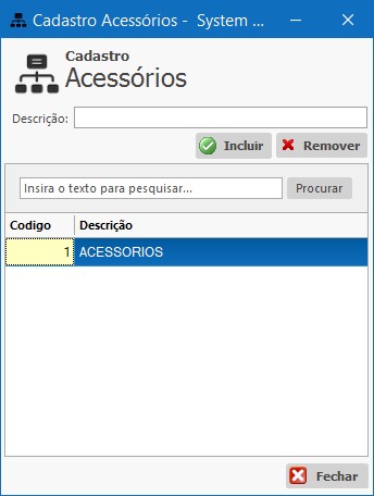 Cadastro de Acessorios